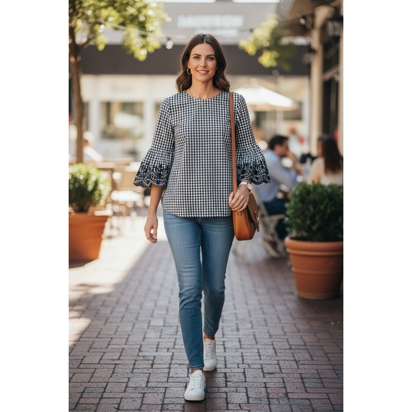 Lauren Ralph Lauren Tops - Lauren Ralph Lauren Blouse Women Gingham Bell Sleeve Black White Eyelet XL